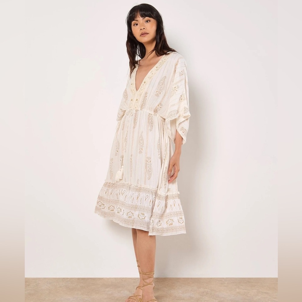 APRICOT 🍑- Boho V-Neck Embroidered Midi Dress in Cream